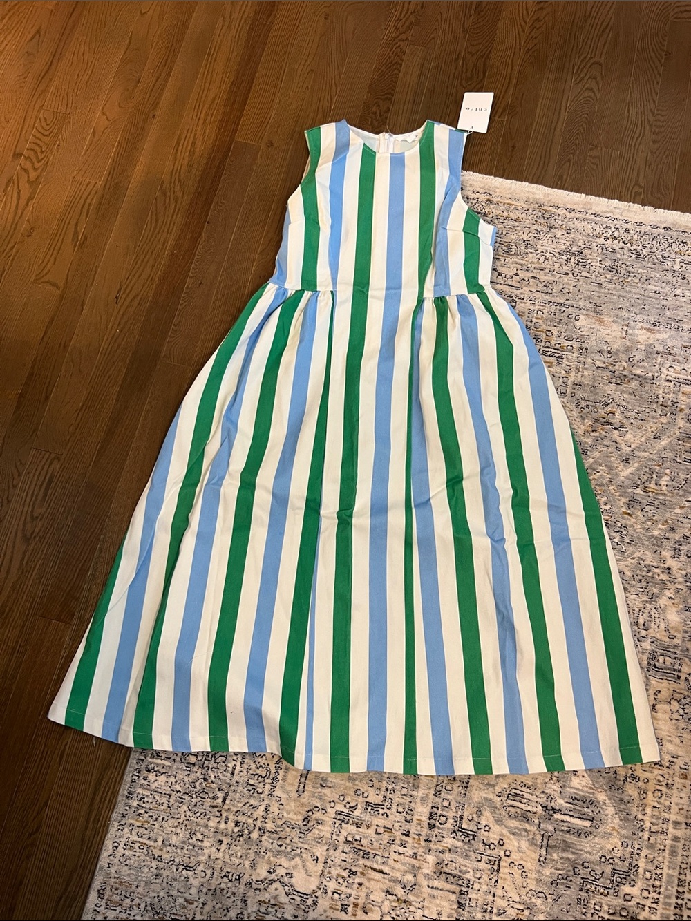 Red Dress Boutique Sleeveless Striped Midi Dress in Green, Blue and White